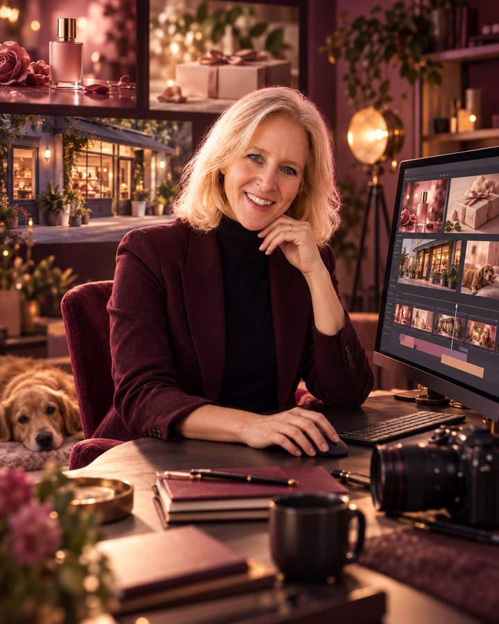 Natalie Hitschler am Schreibtisch vor einem Schnittprogramm, daneben ihr Hund, im Hintergrund Aufnahmen von Parfum, einem Ladengeschäft und einem Geschenk